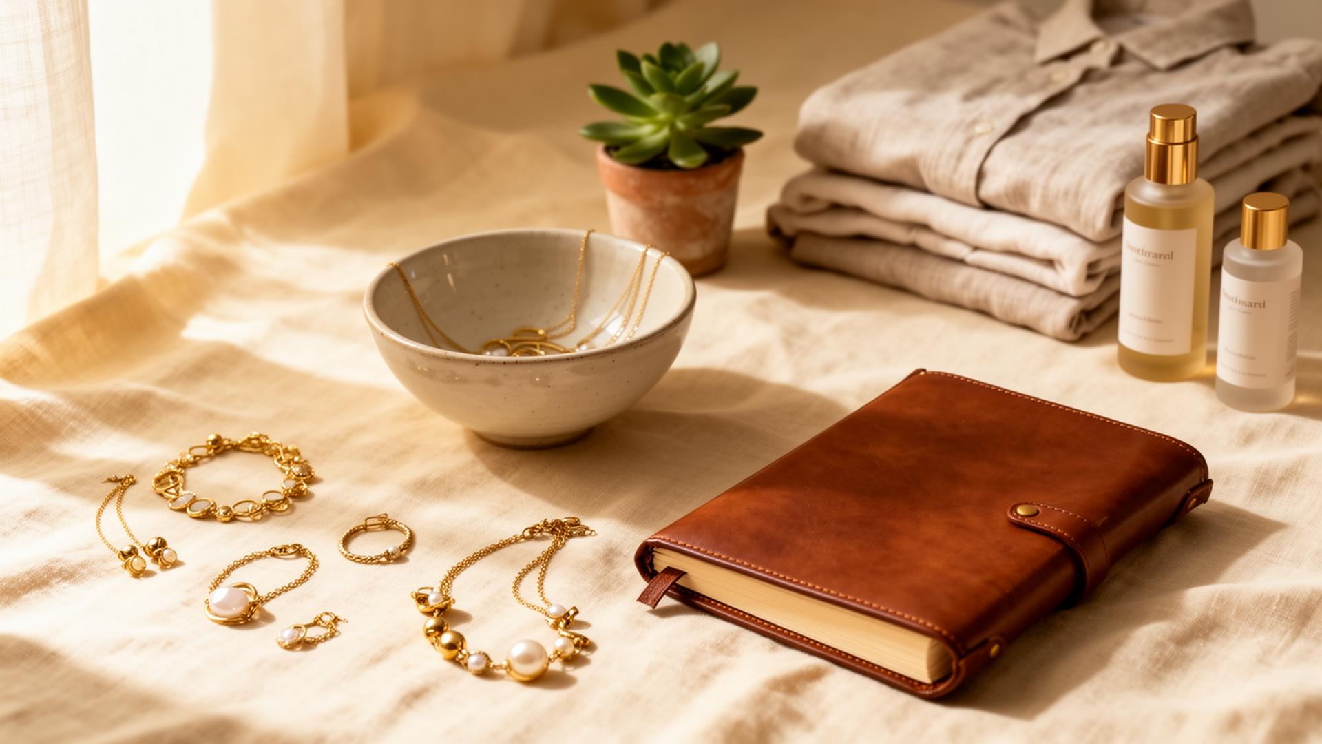 Curated marketplace goods including jewelry, ceramics, linen clothing and skincare on a warm cream background